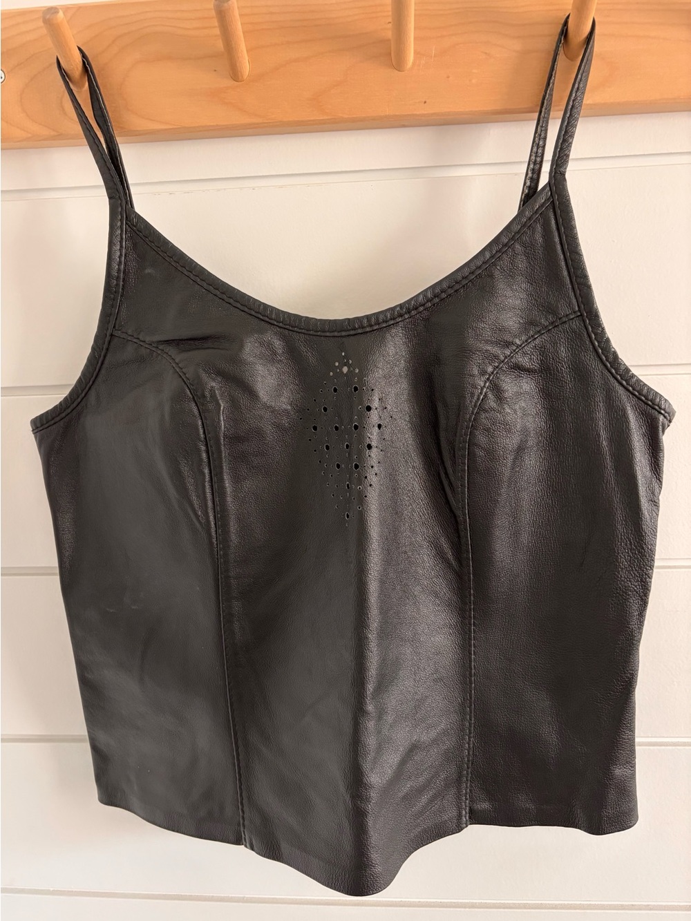 Vintage Black Genuine Leather Cropped Camisole Top Perforated Diamond Detail